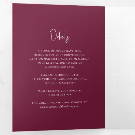 Moderne Burgund handgeschriebene Skripte Elegante Dreifach Gefaltete Einladung (Innen Erste Seite)