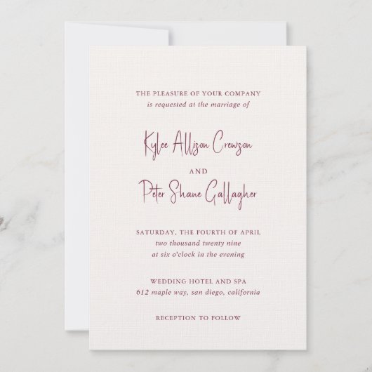 Moderne Burgund handgeschriebene Skripte Elegante Einladung (Vorderseite)