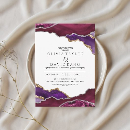 Moderne Burgund Imitate Gold Lila Mix Agate Weddin Einladung