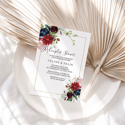 Moderne Burgund Navy Blush Floral Paare Dusche Einladung