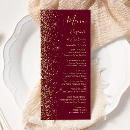 Moderne Burgund Red Gold Glitzer Edge Wedding Menükarte