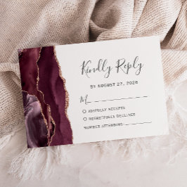 Moderne Burgund Rose Gold Agate Wedding RSVP Card