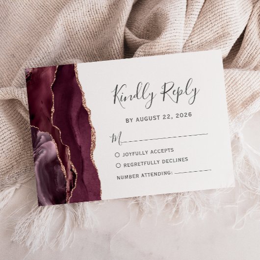 Moderne Burgund Rose Gold Agate Wedding RSVP Card