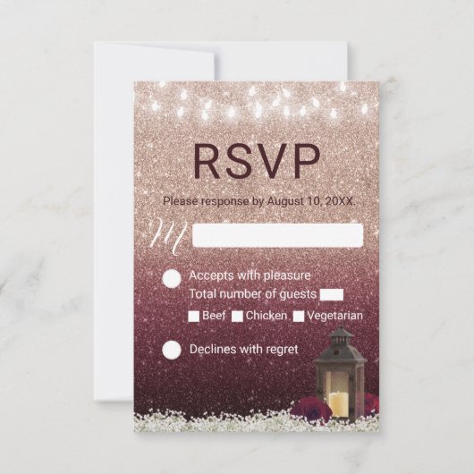 Moderne Burgund Rose Gold Lantern Wedding RSVP Karte (Vorderseite)