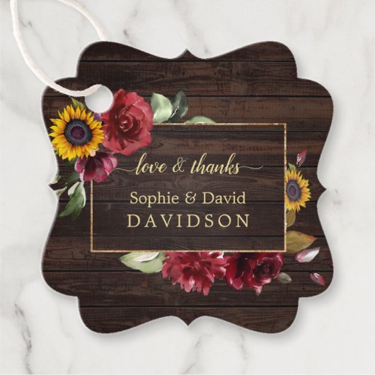 Moderne Burgund-Rose Sonnenblumen-Goldhochzeit Geschenkanhänger (Vorderseite)