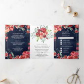 Moderne Burgund-Rote Rosen Blornavy Blue Wedding Dreifach Gefaltete Einladung (Innenseite)