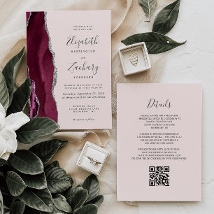 Moderne Burgund Silber Achat Rosé QR-Code Hochzeit Einladung