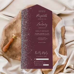 Moderne Burgund Silver Glitzer Hochzeit All In One Einladung