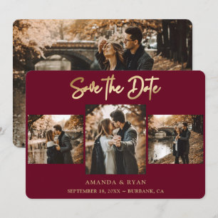 Moderne Burgund und Goldfoil-Hochzeit 4 Foto Save The Date