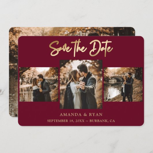 Moderne Burgund und Goldfoil-Hochzeit 4 Foto Save The Date (Vorne/Hinten)