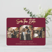 Moderne Burgund und Goldfoil-Hochzeit 4 Foto Save The Date (Stehend Vorderseite)
