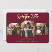Moderne Burgund und Goldfoil-Hochzeit 4 Foto Save The Date (Vorderseite)
