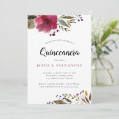 Moderne Burgund Wasserfarben Blume Quinceañera Einladung (Stehend Vorderseite)