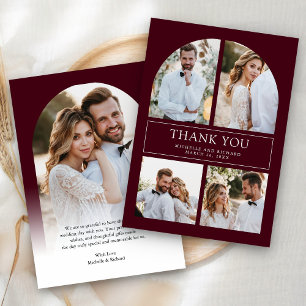 Moderne Burgundbogen-Fotocollage-Hochzeit Dankeskarte