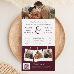 Moderne Burgunder-Ampersand-Foto-QR-Code-Hochzeit All In One Einladung