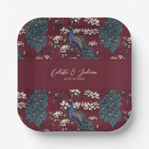 Moderne Burgunder-Blumen-Pfau-Hochzeit Pappteller