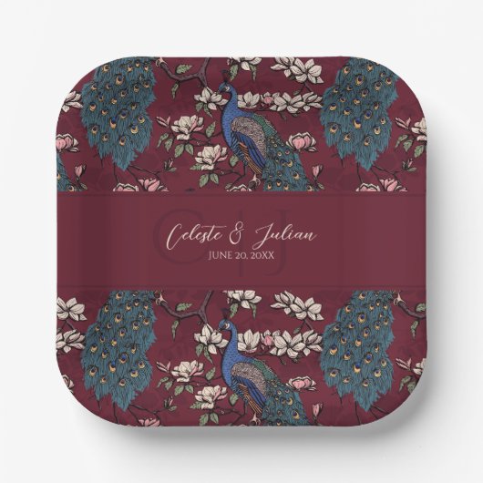 Moderne Burgunder-Blumen-Pfau-Hochzeit Pappteller (Vorderseite)