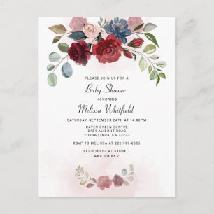 Moderne Burgunder Florale Rustikale Babyparty Postkarte