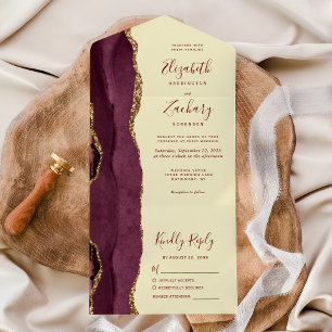 Moderne Burgunder-Gold-Achat-Butter-Gelb-Hochzeit All In One Einladung