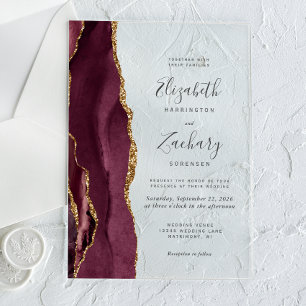 Moderne Burgunder-Gold-Achat-Hochzeit Acryleinladungen