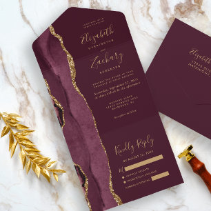 Moderne Burgunder-Gold-Achat-Hochzeit All In One Einladung