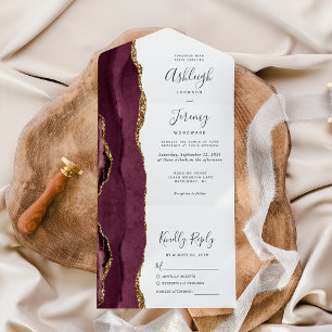 Moderne Burgunder-Gold-Achat-Hochzeit All In One Einladung