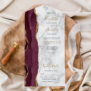Moderne Burgunder-Gold-Achat-Hochzeitsmarmor All In One Einladung