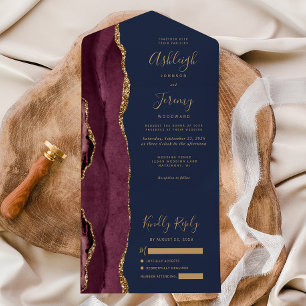 Moderne Burgunder-Gold-Achat-Navy-Blau-Hochzeit All In One Einladung