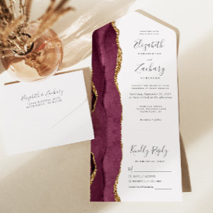 Moderne Burgunder-Gold-Achat-Rosé-Hochzeit All In One Einladung