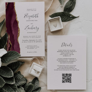 Moderne Burgunder-Gold-Achat-Rosé QR-Code-Hochzeit Einladung