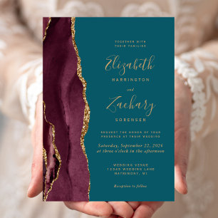 Moderne Burgunder-Gold-Achat-Teal-Hochzeit Einladung