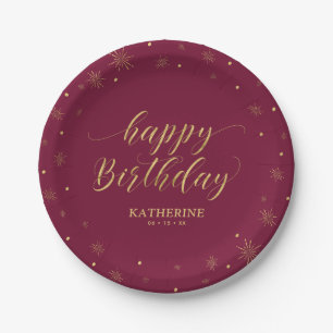Moderne Burgunder & Gold Glitter Happy Birthday Pappteller