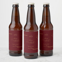 Moderne Burgunder-Goldblatt-Rahmen-Monogramm Bierflaschenetikett