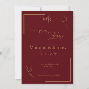 Moderne Burgunder-Goldene-Blatt-Monogramm-Schrift Save The Date