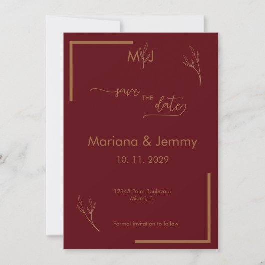 Moderne Burgunder-Goldene-Blatt-Monogramm-Schrift Save The Date (Vorderseite)