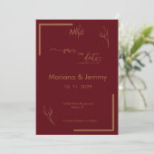 Moderne Burgunder-Goldene-Blatt-Monogramm-Schrift Save The Date (Stehend Vorderseite)