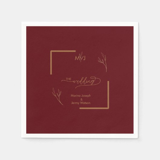 Moderne Burgunder-Goldene Blättchen-Rahmen-Monogra Serviette (Vorderseite)