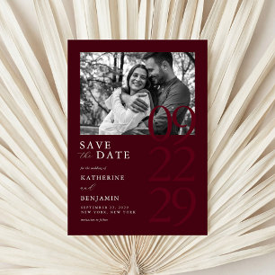 Moderne Burgunder Minimalistische Foto-Hochzeit Save The Date