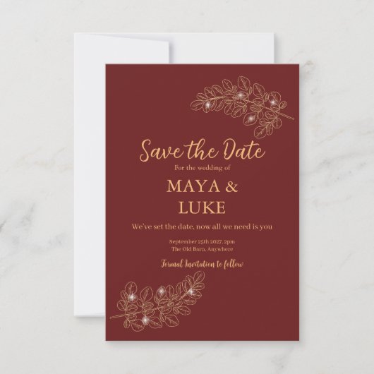 Moderne Burgunder mit Blattgold Save The Date (Vorderseite)