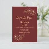 Moderne Burgunder mit Blattgold Save The Date (Stehend Vorderseite)