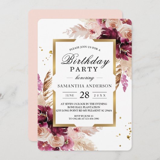 Moderne Burgunder Rosa Blütenfarben, Blütenfarben  Einladung (Vorne/Hinten)