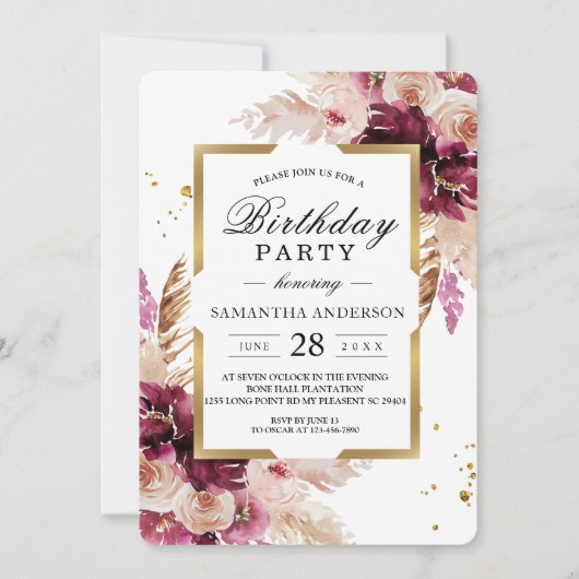 Moderne Burgunder Rosa Blütenfarben, Blütenfarben  Einladung (Vorderseite)