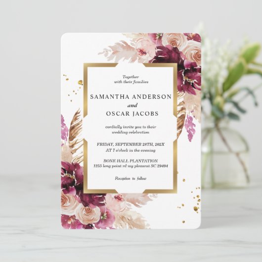 Moderne Burgunder Rosa Blütenfarben, Blütenfarben  Einladung (Stehend Vorderseite)