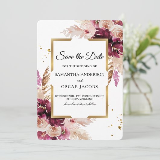 Moderne Burgunder Rosa Blütenfarben, Blütenfarben Save The Date (Stehend Vorderseite)