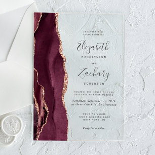 Moderne Burgunder-Roségold-Achat-Hochzeit Acryleinladungen
