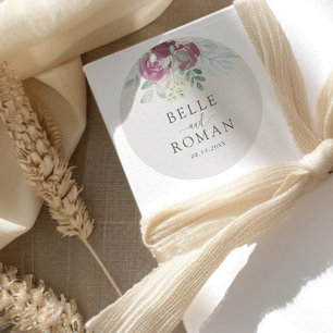 Moderne Burgunder-Rosen-Aquarell-Hochzeit   Runder Aufkleber