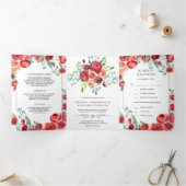 Moderne Burgunder Rote Rosen Floral 3 bei 1 Hochze Dreifach Gefaltete Einladung (Innenseite)