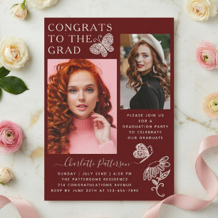 Moderne Burgunder Schmetterling Foto-Abschlussfeie Einladung