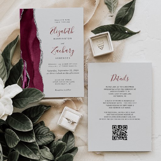 Moderne Burgunder Silber Achat Grau QR Code Hochze Einladung