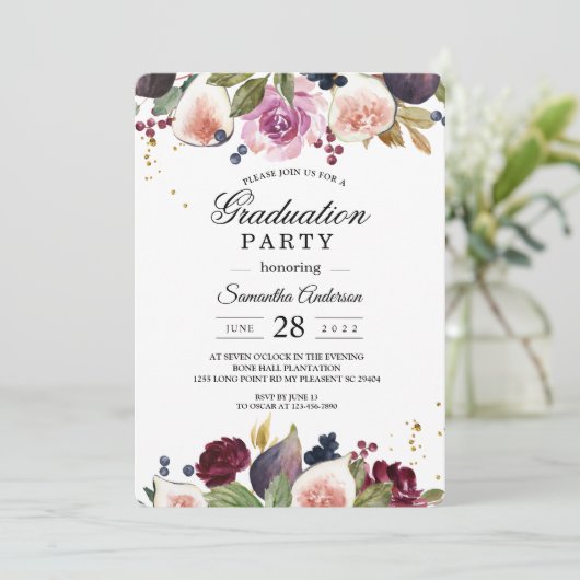 Moderne Burgunder Wasserfarben Blume & Berry Einladung (Stehend Vorderseite)